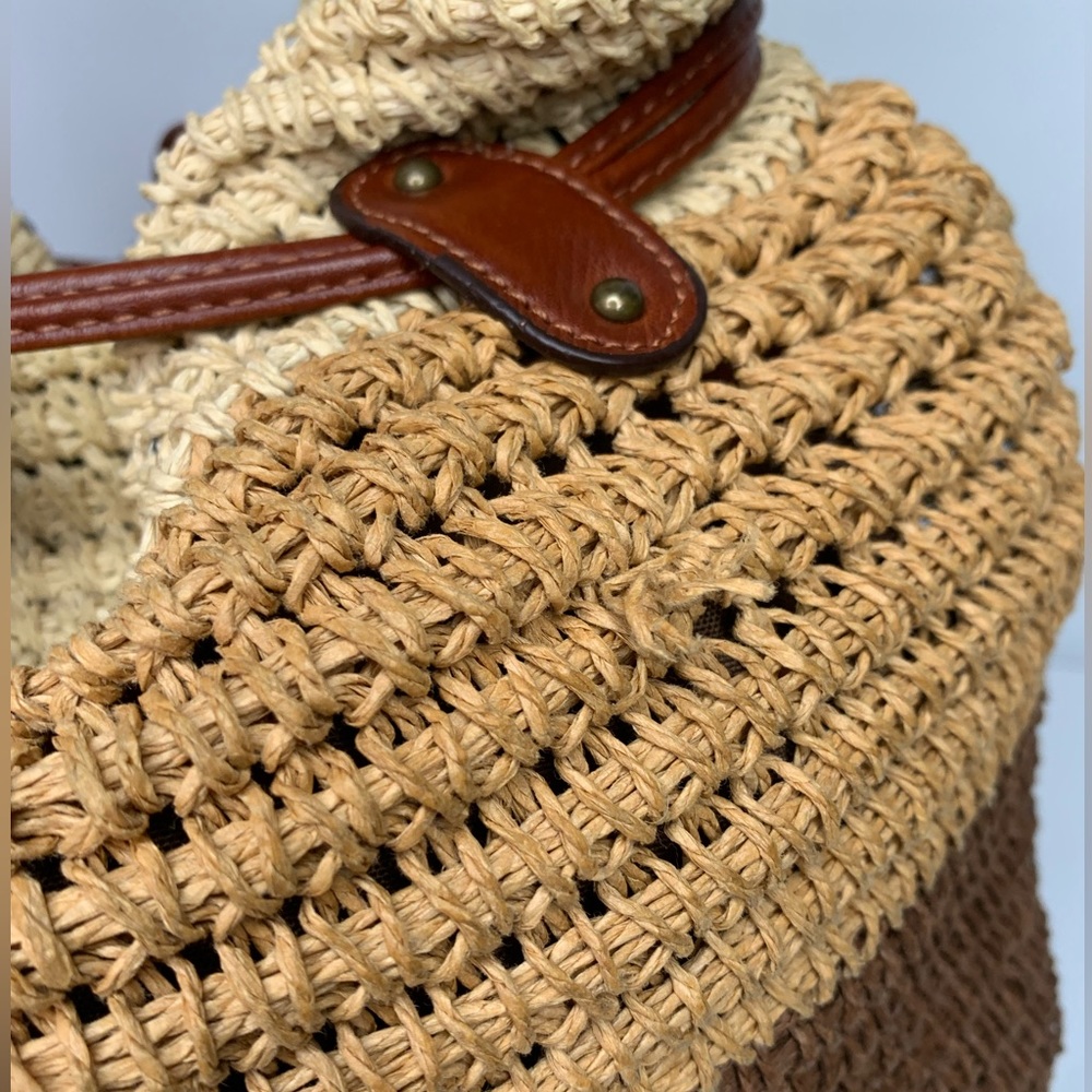 Lucky brand Boho straw rattan brown drawstring bucket bag charm-leather straps - Picture 15 of 16